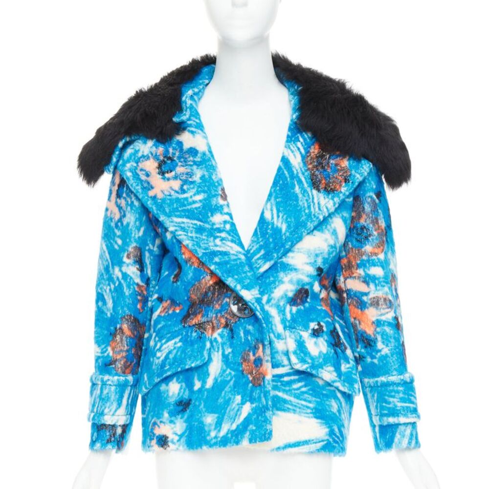 Prada blue alpaca wool abstract floral fur collar pea coat